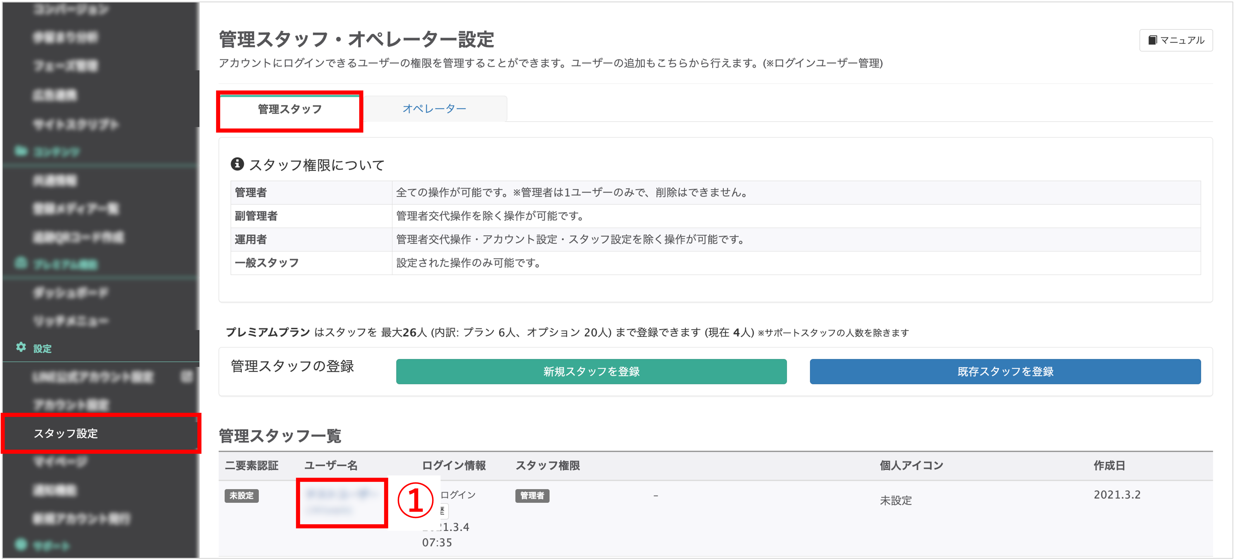 スタッフ設定画面の管理スタッフタブで、権限を変更したい対象スタッフのユーザー名を選択する手順