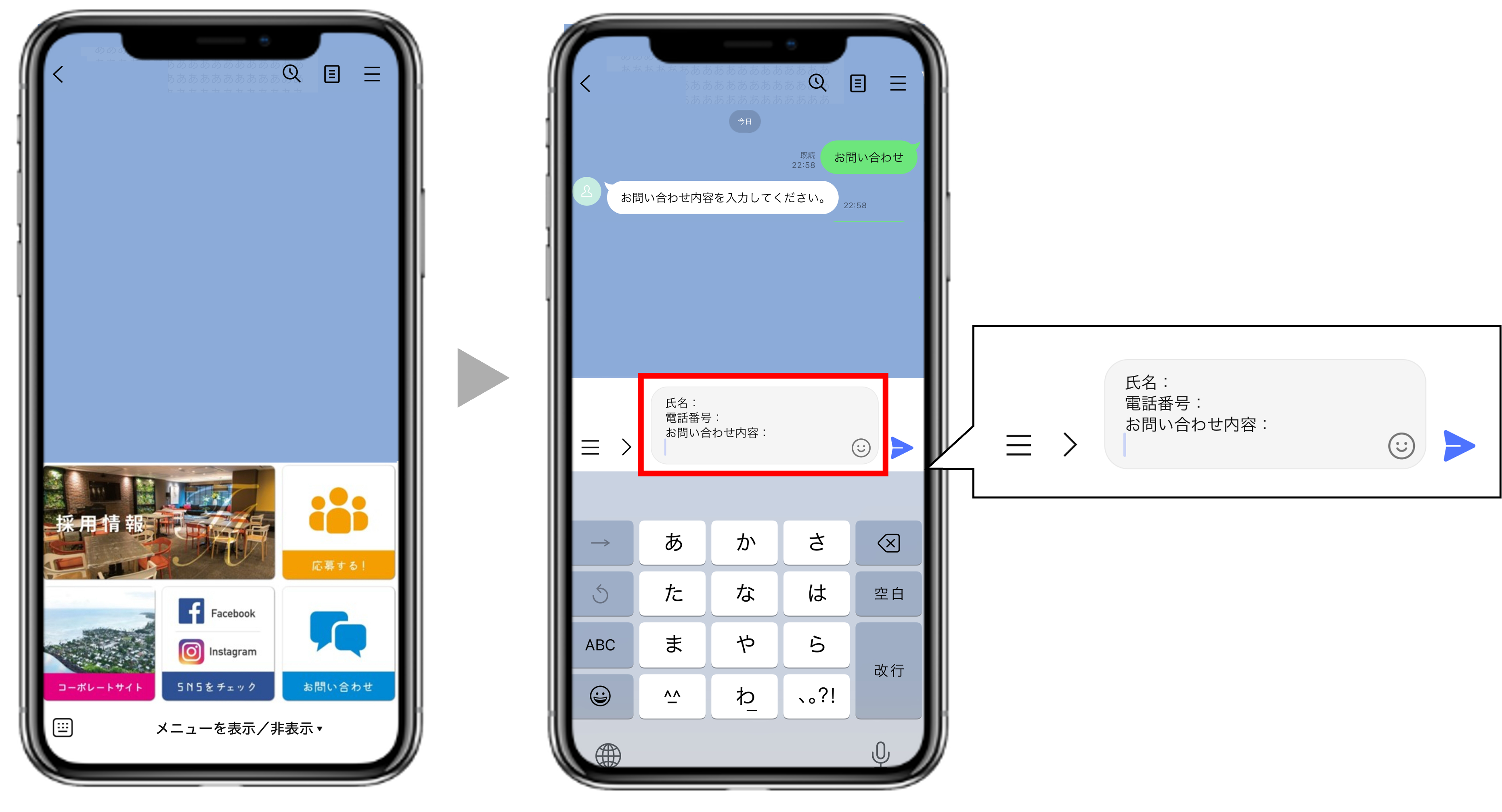 ボタンタップ後にLINEのメッセージ入力欄とキーボードが表示されるイメージ