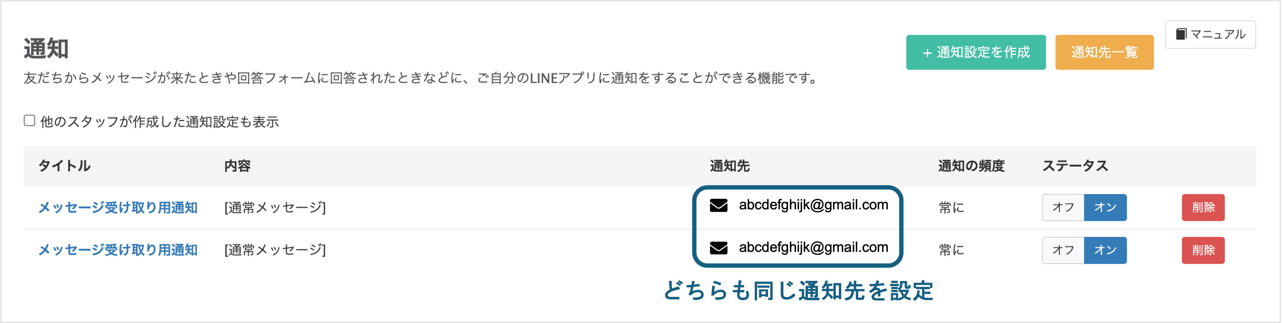 重複して通知が届く場合の注意喚起イメージ（同じ設定が複数ある状態）