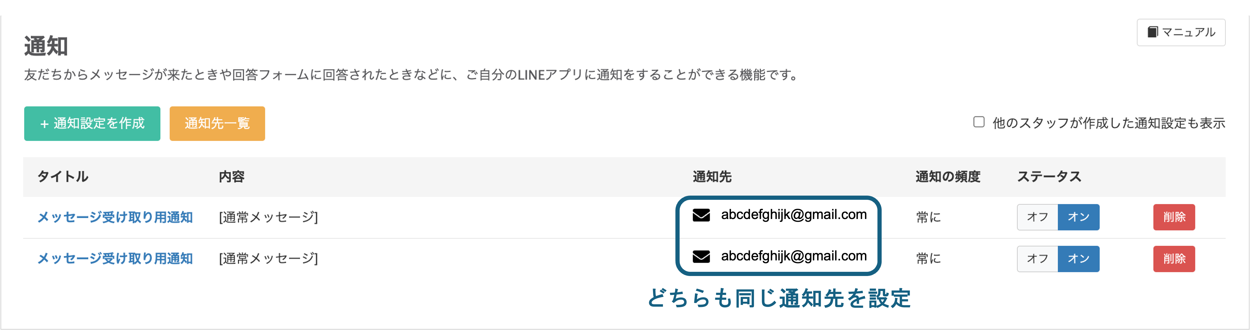 設定重複により同じ内容のメールが複数届いている受信トレイの例