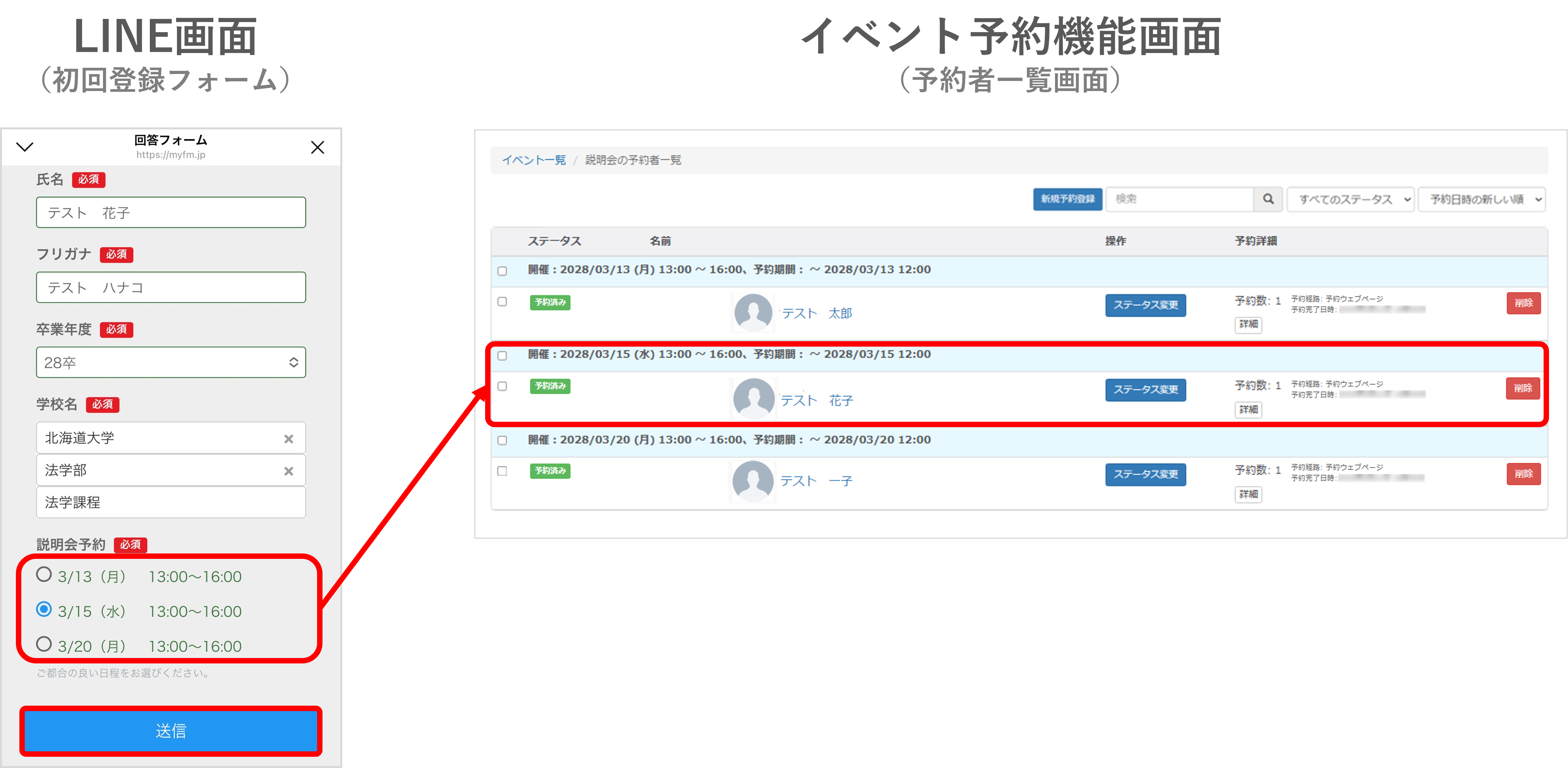 回答フォームの項目としてイベント予約日程を設定するイメージ