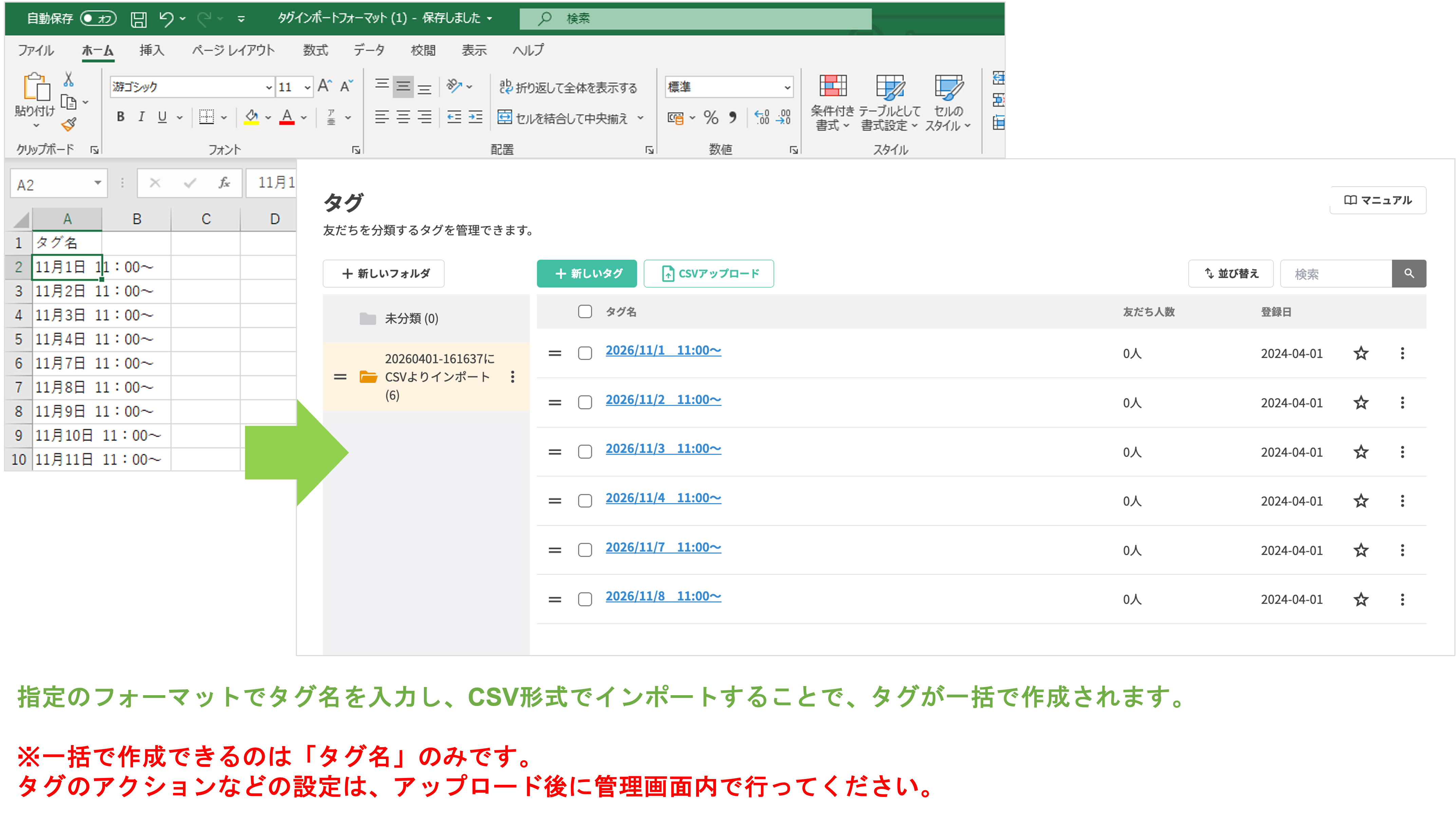 CSVファイルをアップロードしてタグを一括作成する手順のイメージ図
