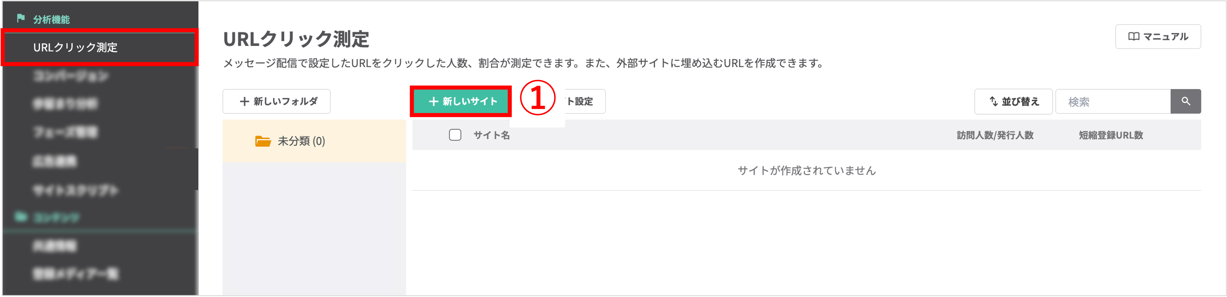 管理画面の左メニュー「URLクリック測定」と「+新しいサイト」ボタンを指す画像
