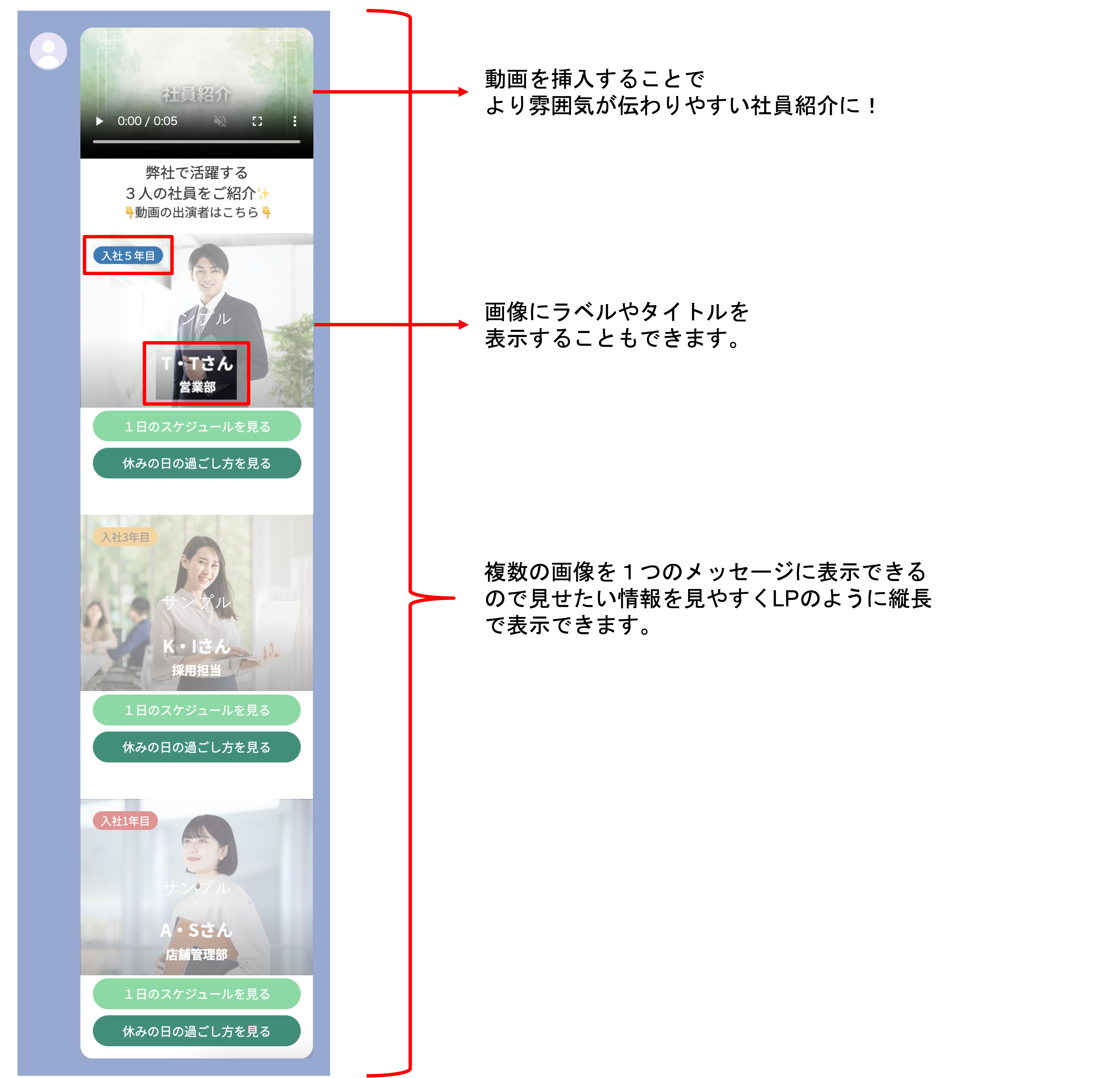 動画、社員写真、プロフィールテキスト、スケジュール確認ボタンを組み合わせた社員紹介のメッセージ例