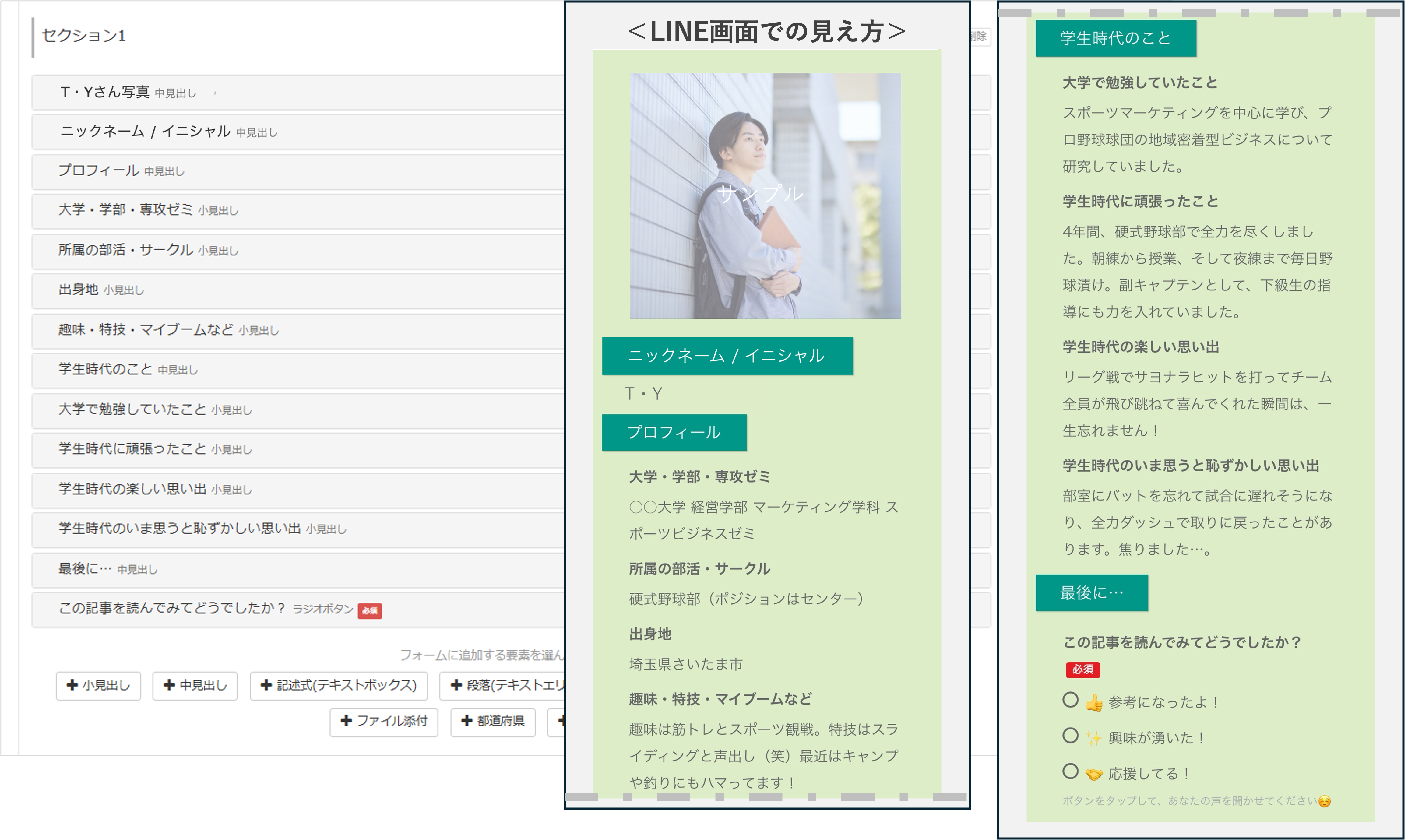 すべての項目設定が完了した内定者紹介フォームの全体プレビュー