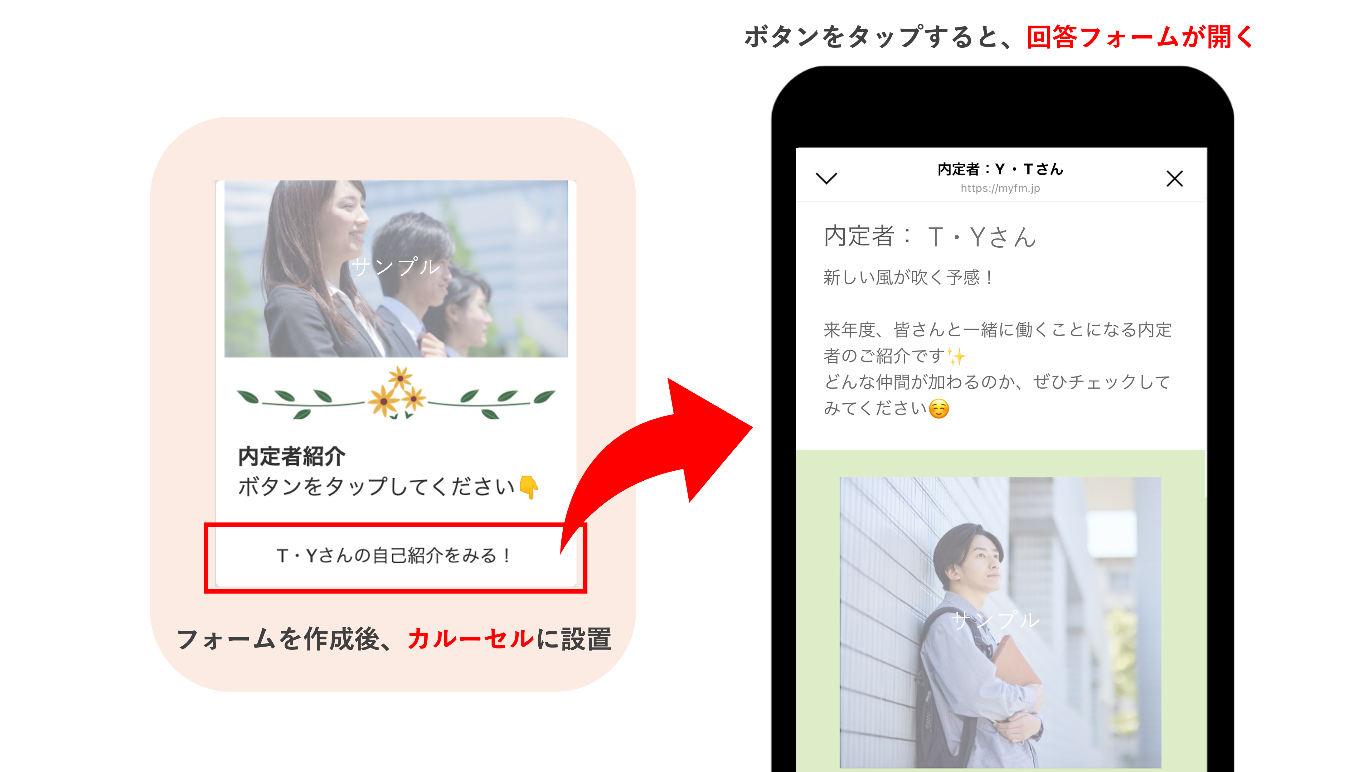 トーク画面に届く、内定者紹介用カルーセルメッセージのイメージ