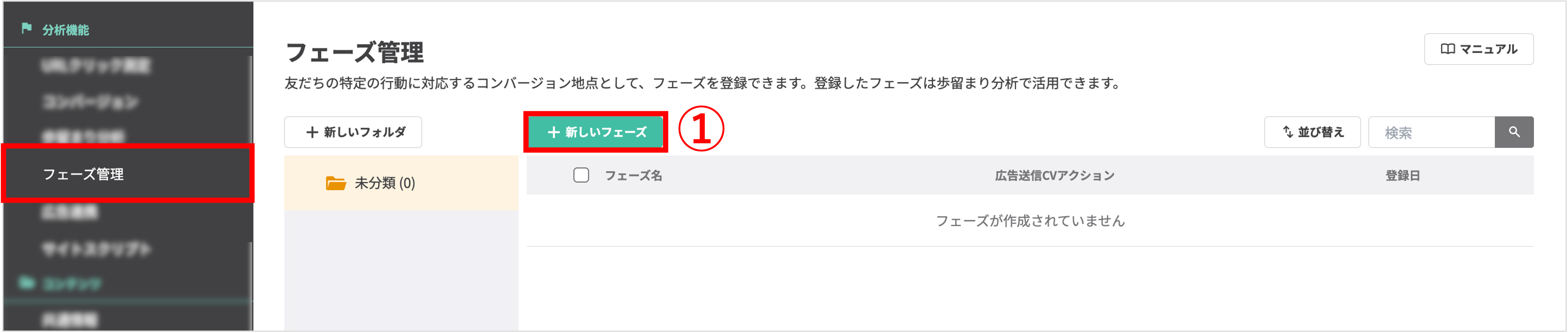 ［＋新しいフェーズ］ボタンで成果フェーズを追加する画面
