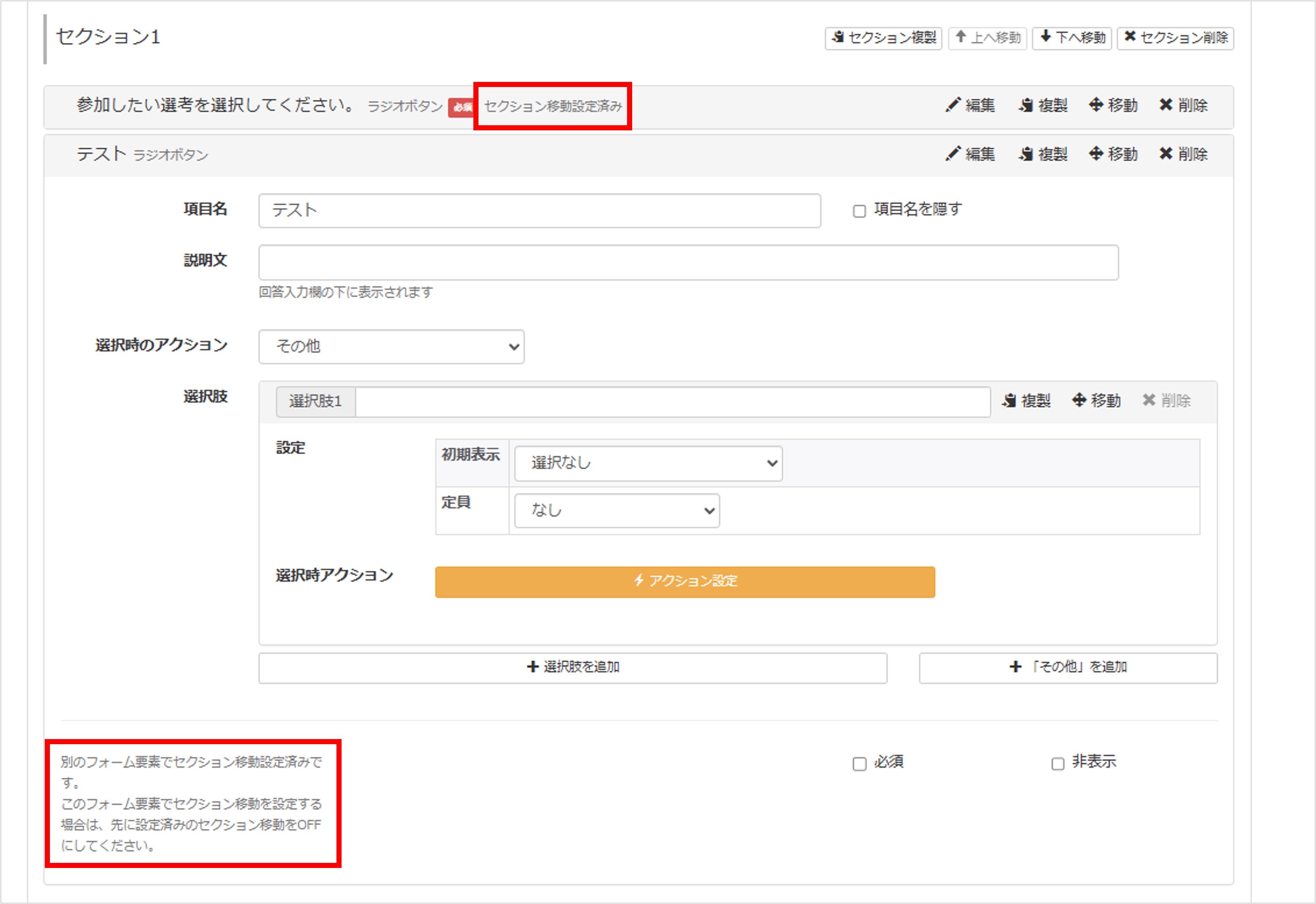 同一セクション内で分岐は1つのみの制約を示す画面