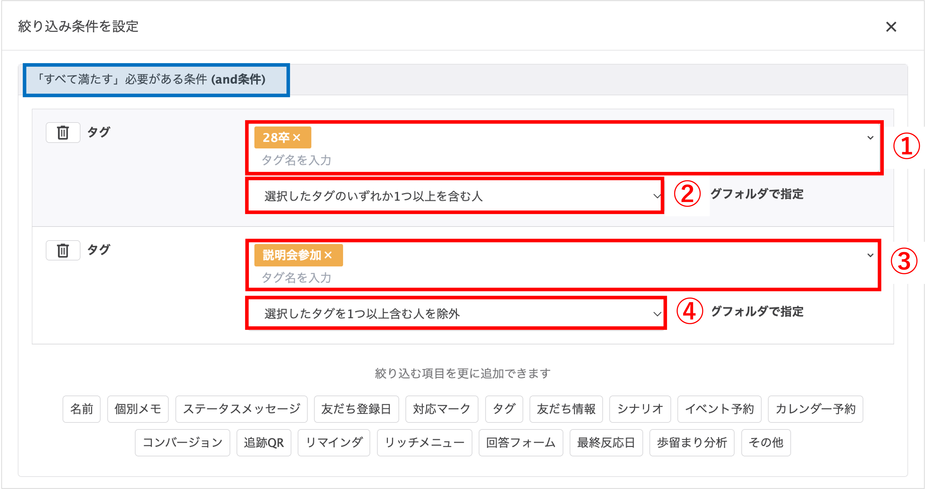 AND条件の設定例：28卒タグと説明会未参加タグを同じブロックに入れて絞り込む画面