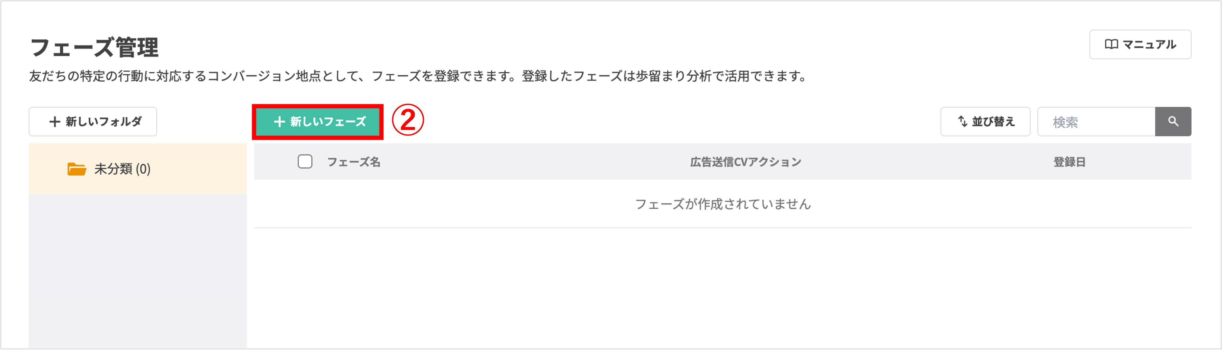 フェーズ登録手順2:「+新しいフェーズ」ボタンをクリック