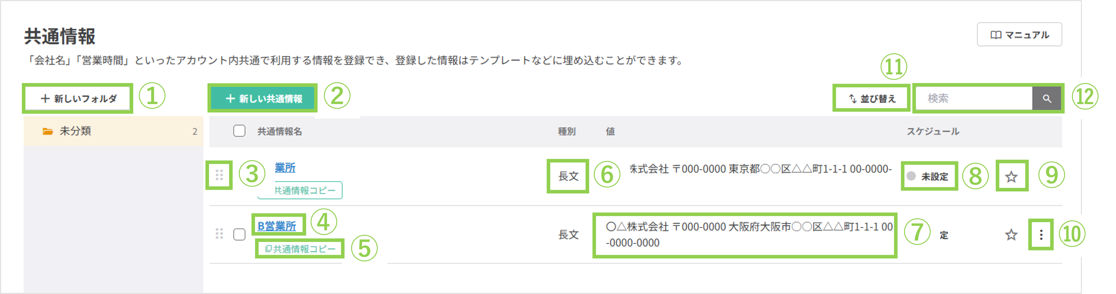 共通情報一覧画面の基本構成と各ボタンの役割説明図