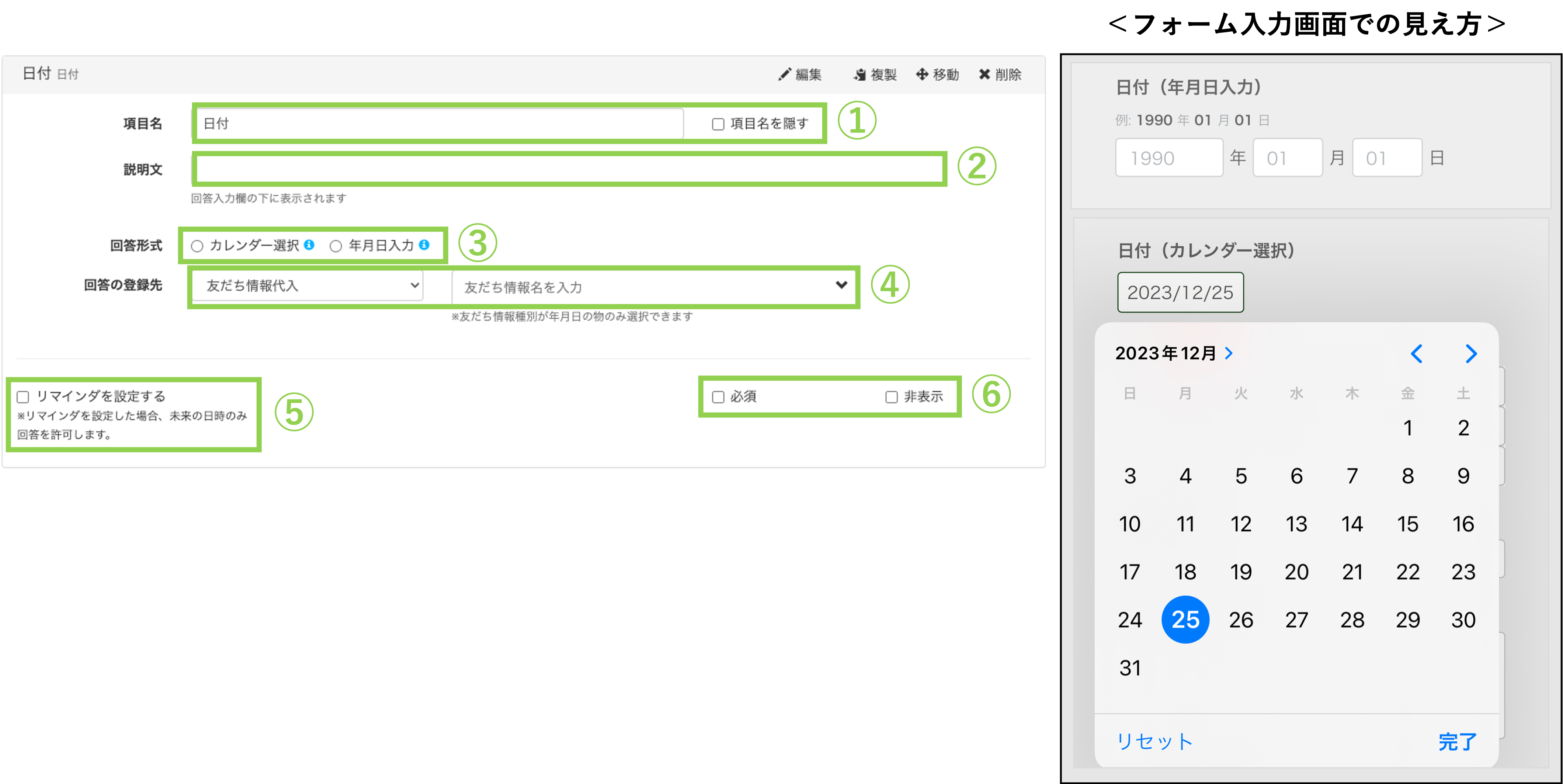 日付項目の詳細設定画面