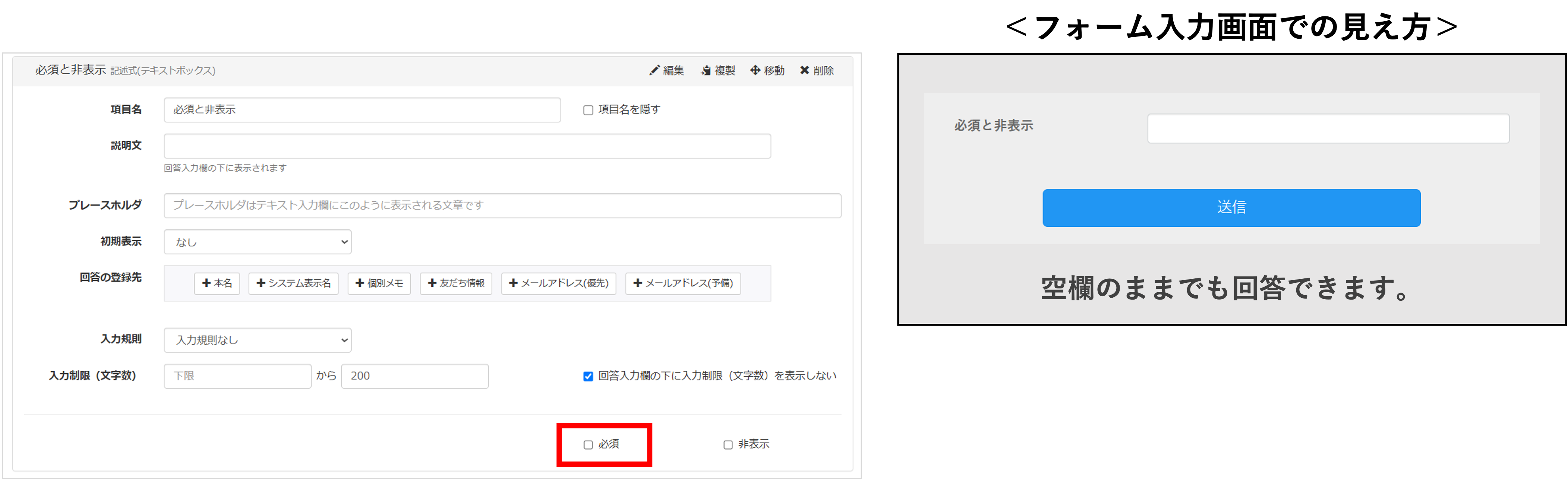 必須チェックなし（任意回答）の場合のフォーム表示例