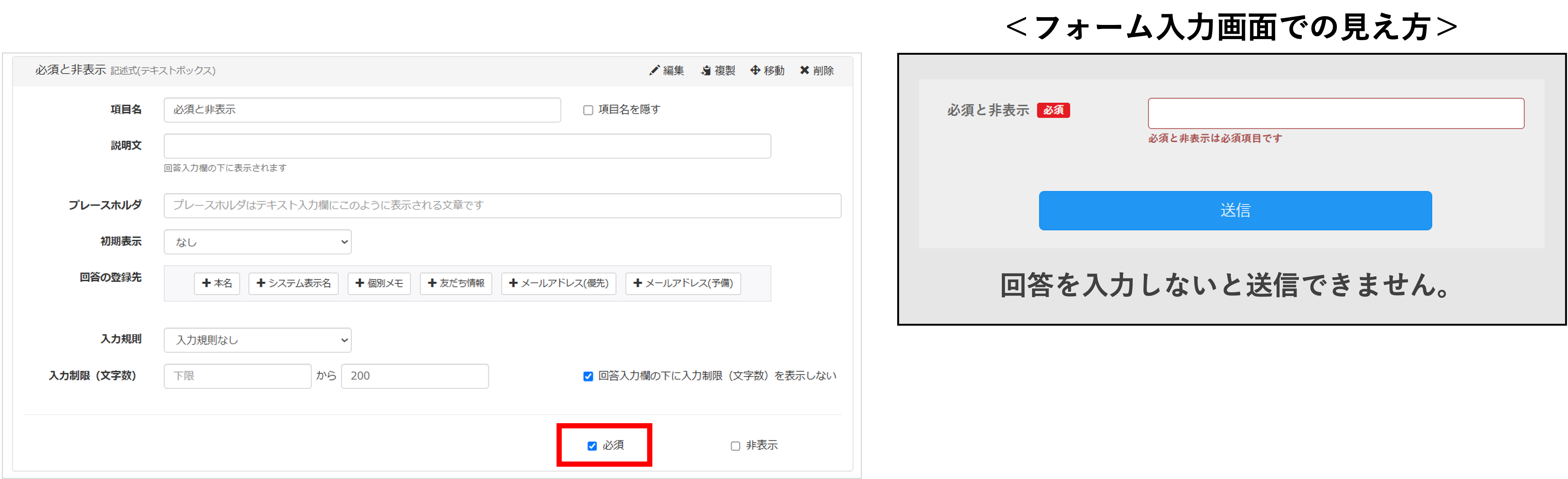 必須チェックあり(必須回答)の場合のフォーム表示例