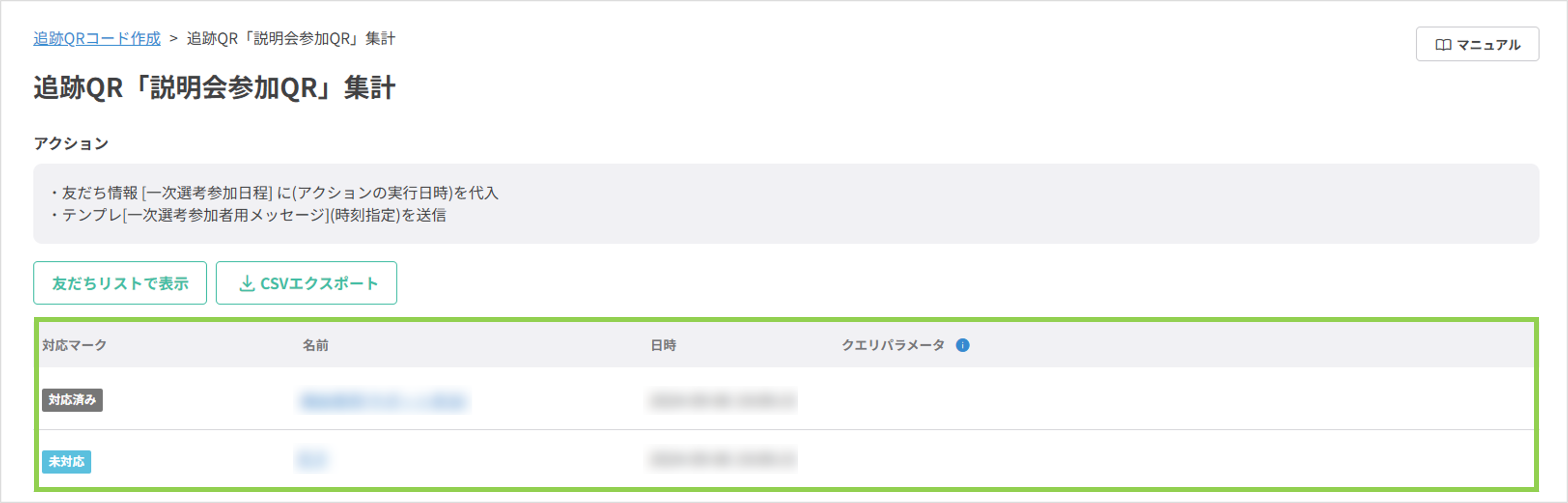 追跡QRコードを読み込んだ友だちの一覧が表示された画面